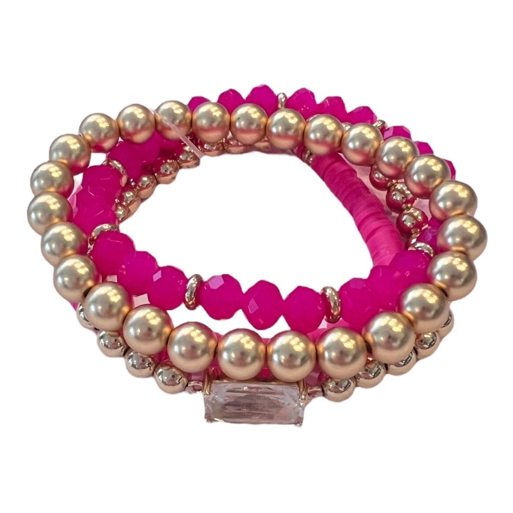 Womenโs Hot Pink & Gold Puka 4-Strand Stetchy Bracelet Set NWT